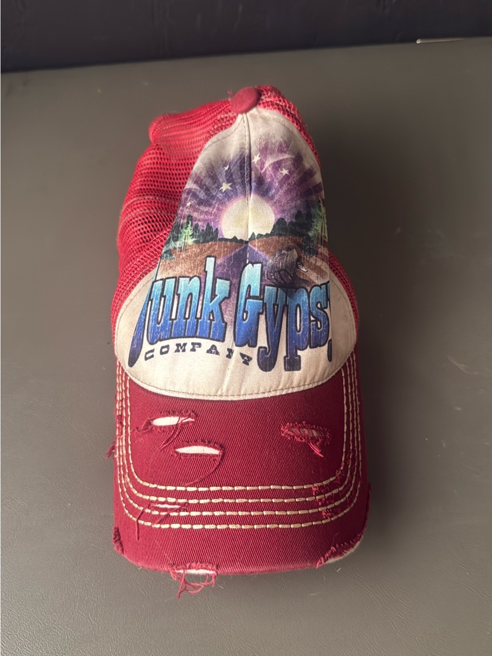 Junk Gyps Company Women’s Distressed Red Mesh Trucker Hat